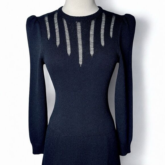 VTG St John Dress Size S Black Santana Knit Midi Dog Show Victorian Old Money - Picture 3 of 14